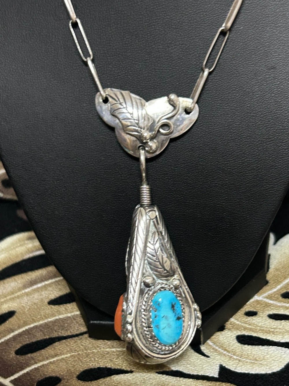 Artisan Juan Pedro Garcia sterling silver swiveling coral turquoise MOP Necklace - Picture 5 of 16